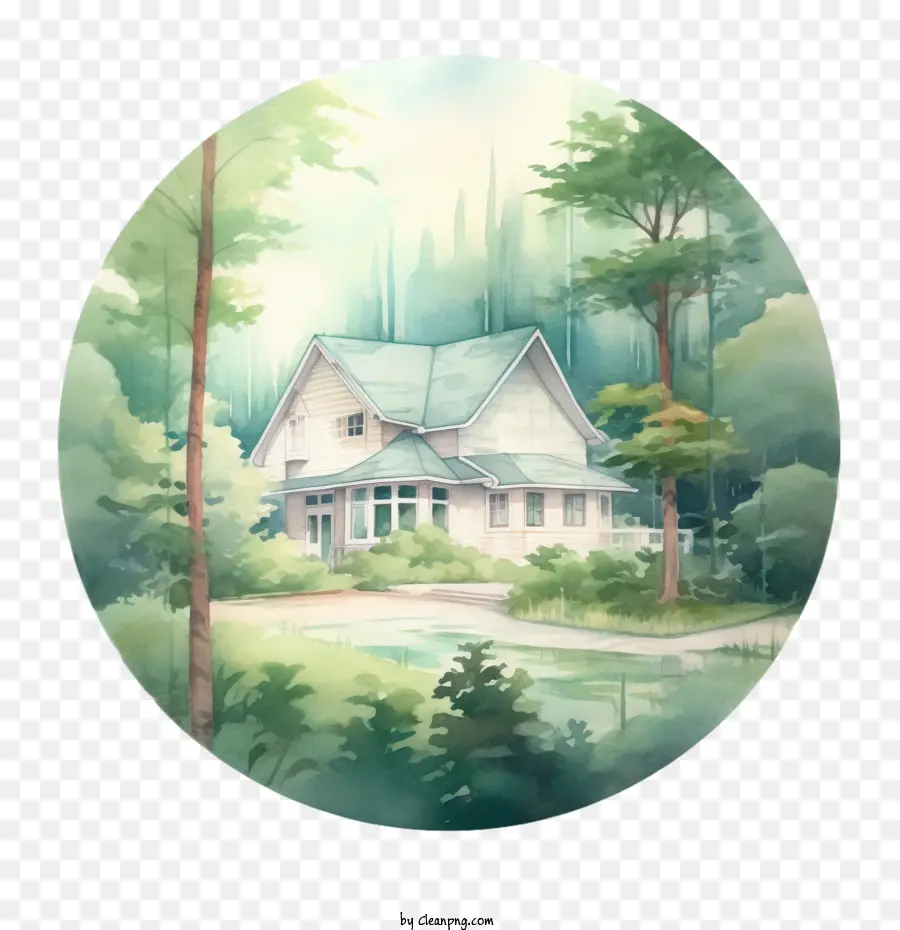 watercolor cottage house forest trees mountains