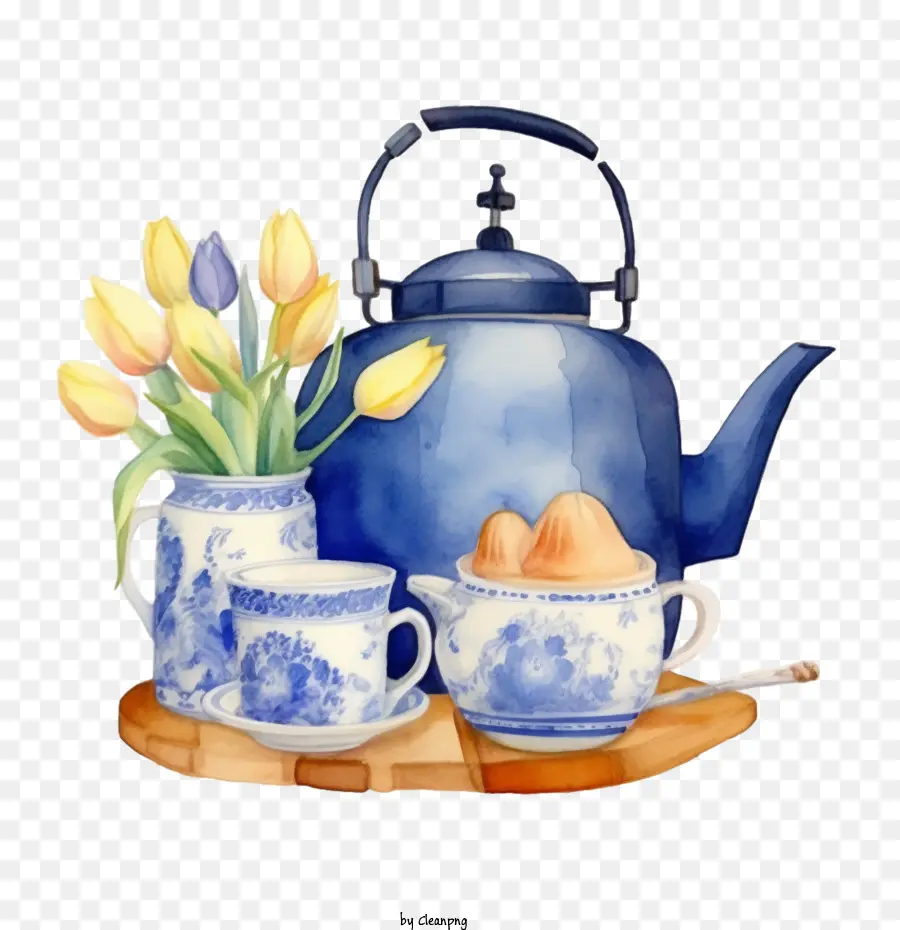 teapot blue teapot tulips teacups