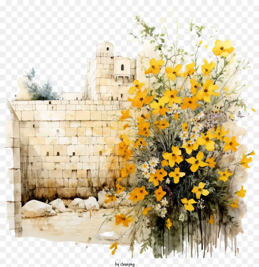 wailing wall flowers landscape watercolor yellow flowers old wall