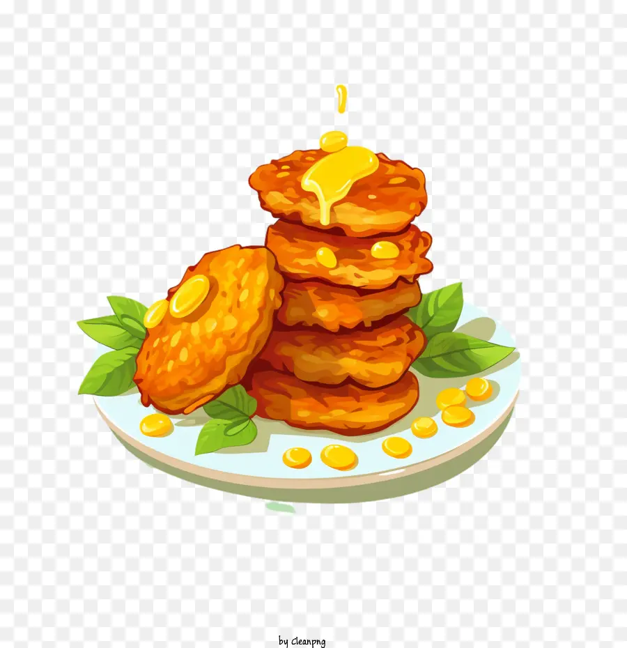 corn fritters
 corn fritters day pancakes syrup whipped cream
