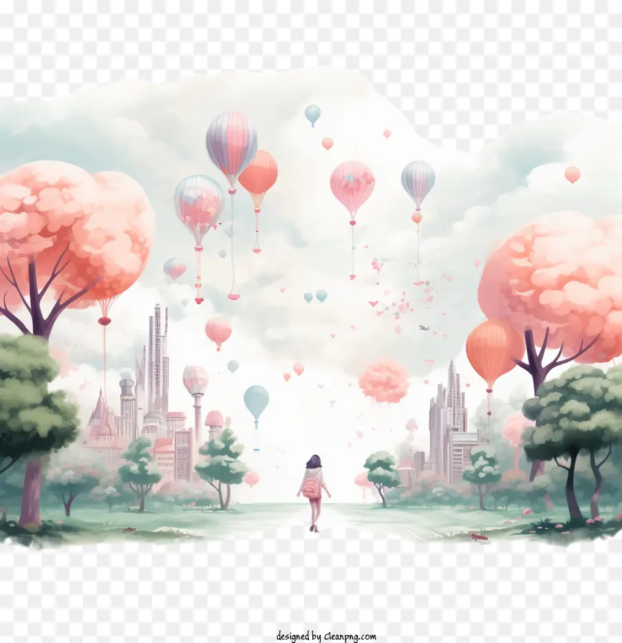 Park Day Park Pink Sky Balloons Cityscape - 