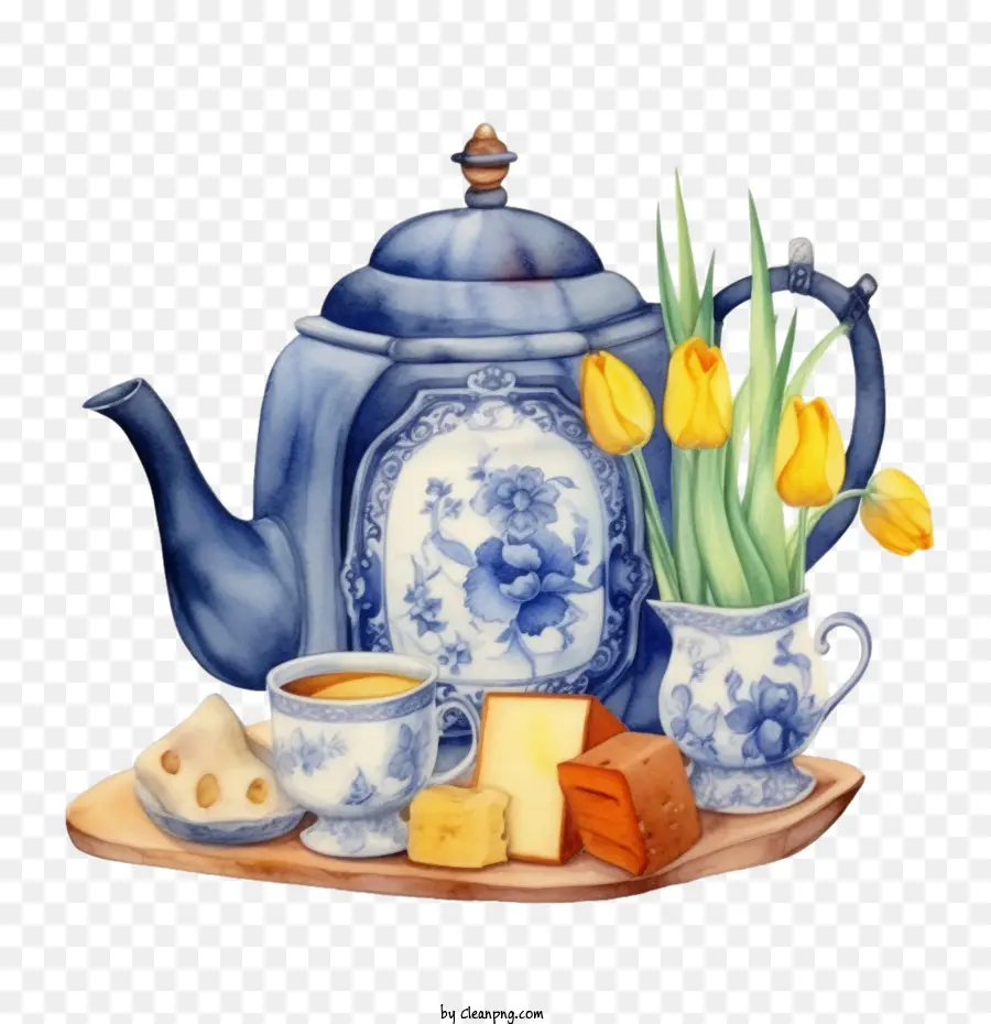 teapot tea blue and white pattern teacup tulips