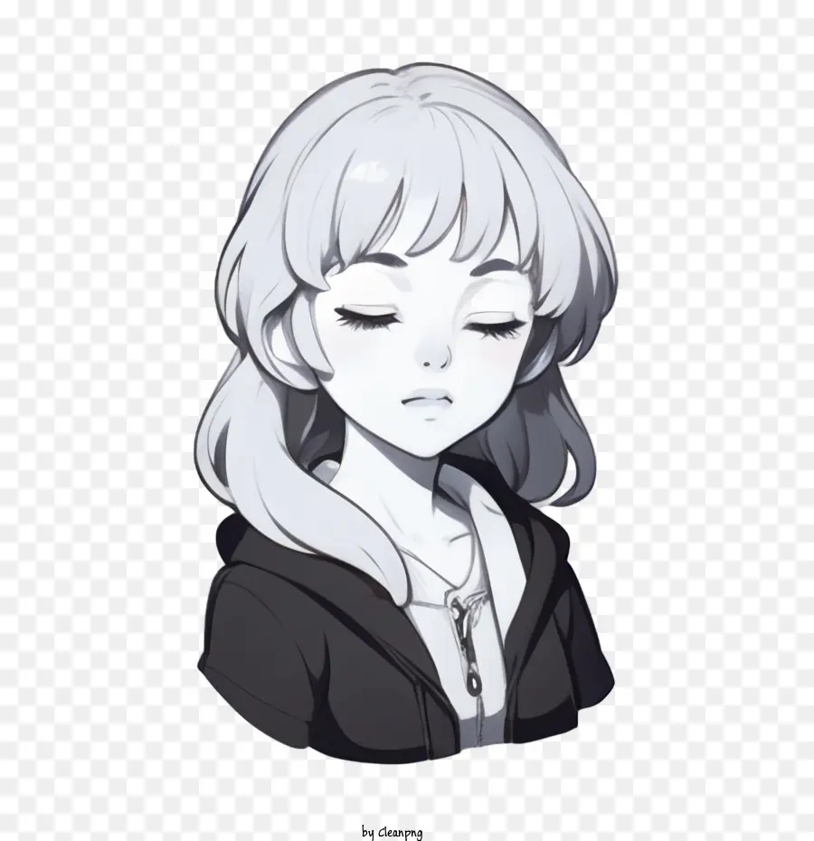girl anime girl white hair black sweatshirt sad expression