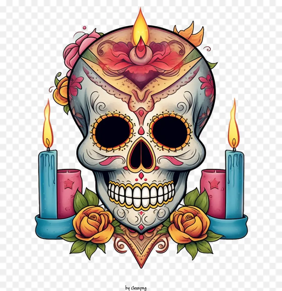 Sugar Skull Skull Day of the Dead Skull With Flowers Skull với Nến - 