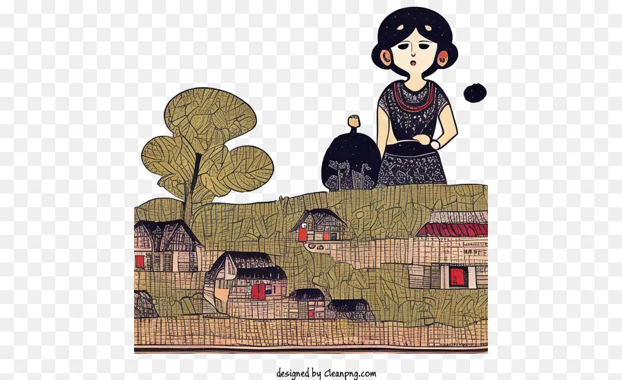 cartoon woman village landscape houses