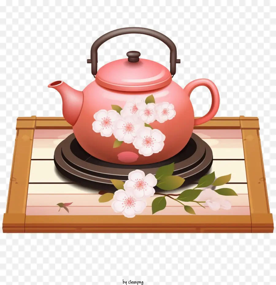 teapot pink teapot wooden tray cherry blossoms spring