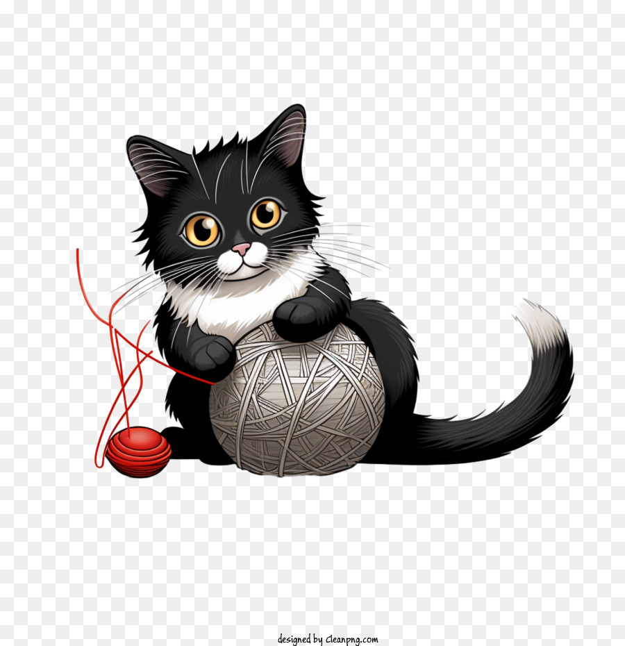 Katze spielt Garnball Katze Strickgarn schwarz und weiß - 