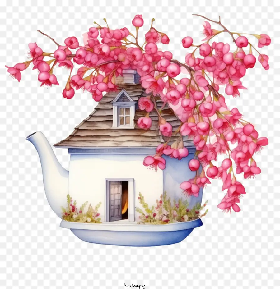 cherry and flower
 teapot house tea pot pink flowers cherry blossoms