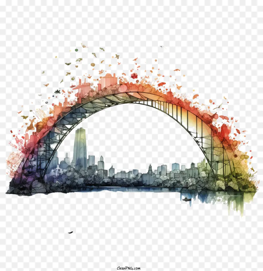 rainbow bridge remembrance day watercolor skyline cityscape colorful