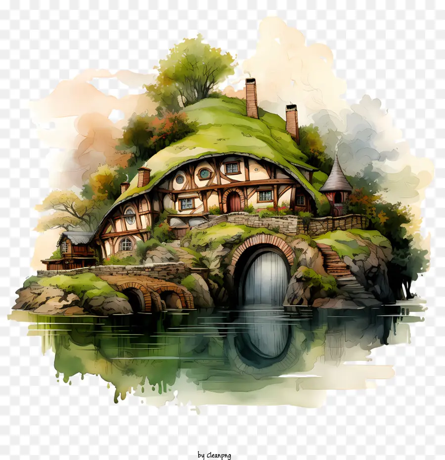Hobbit Day Hobbit House Watercolor Fantasy Gables - 