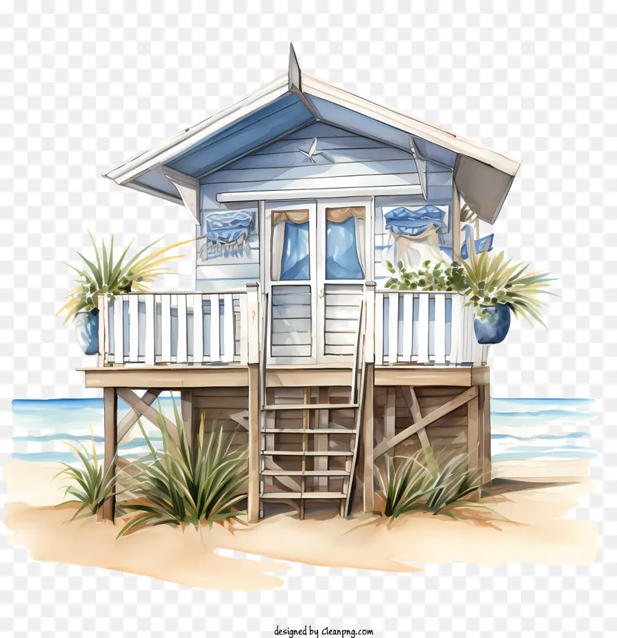 beach hut beach house watercolor ocean view sandy shoreline