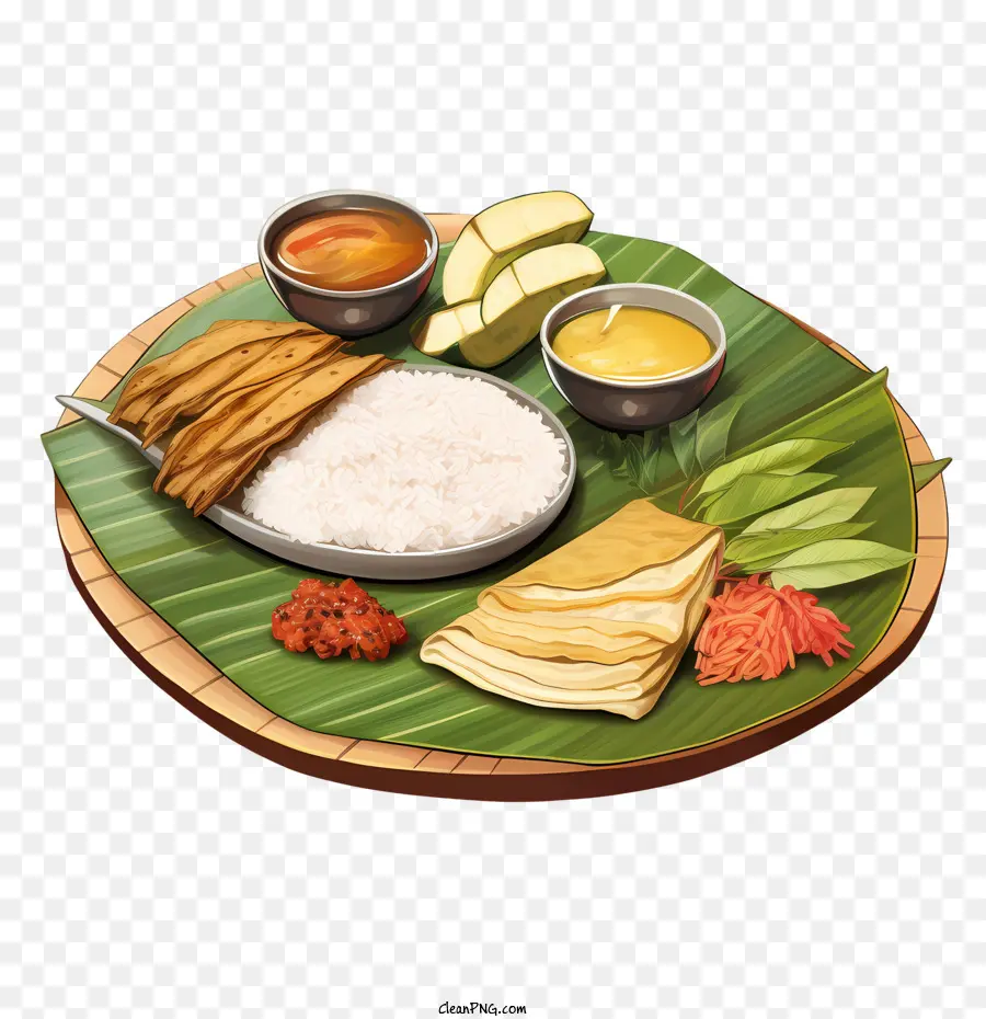 onam sadya food banana leaf plate rice vegetables dipping sauces