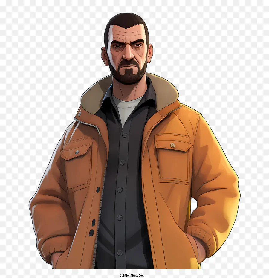 grand theft auto character beard brown coat black shirt hands in pockets