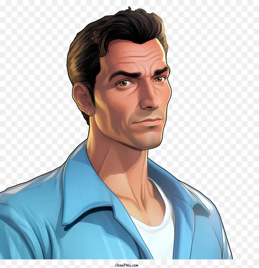 Caratteri automobilistici Grand Theft Man Shirt Blu Capelli castani Espressione facciale - 