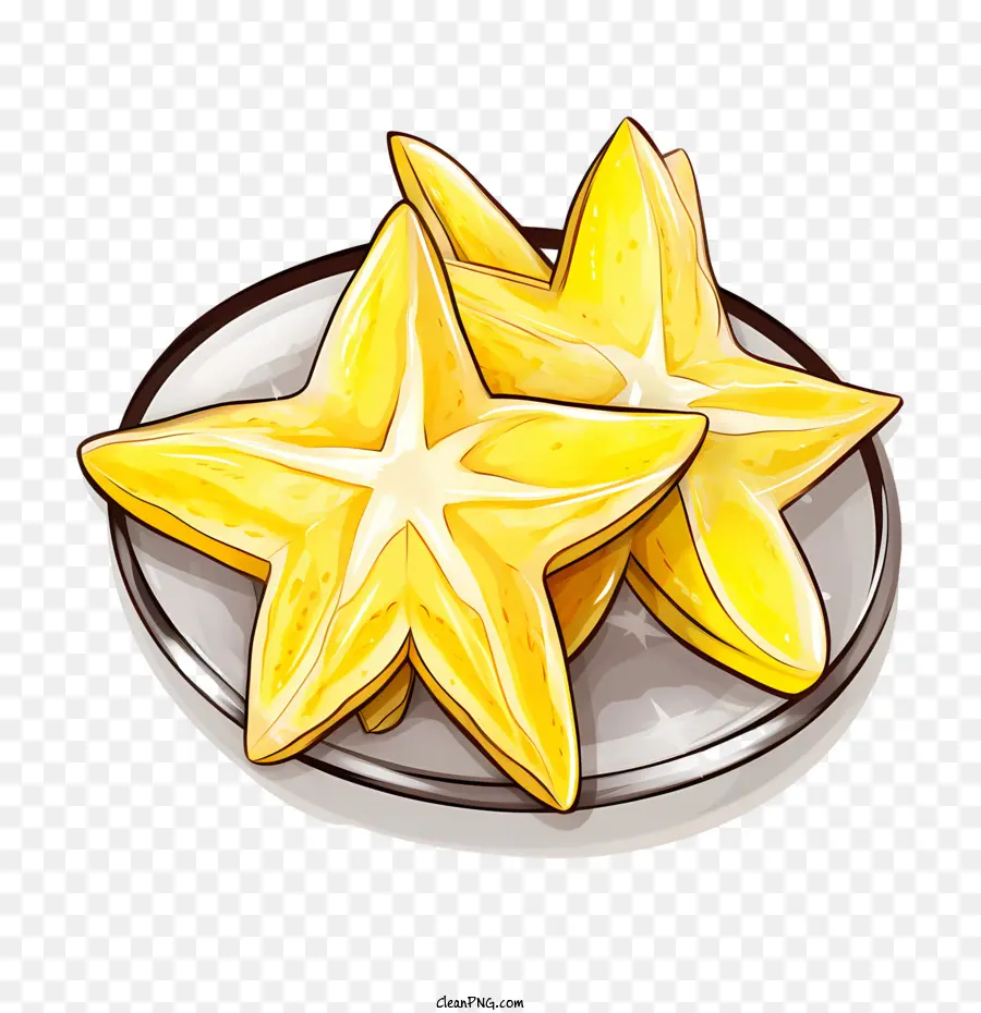 Starfruit tre stelle gialle su un piatto da dessert cibo giallo - 