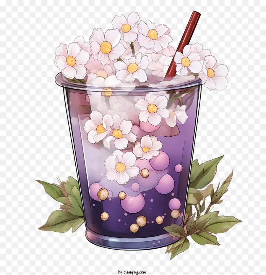 bubble milk tea purple drink flowers bubbles