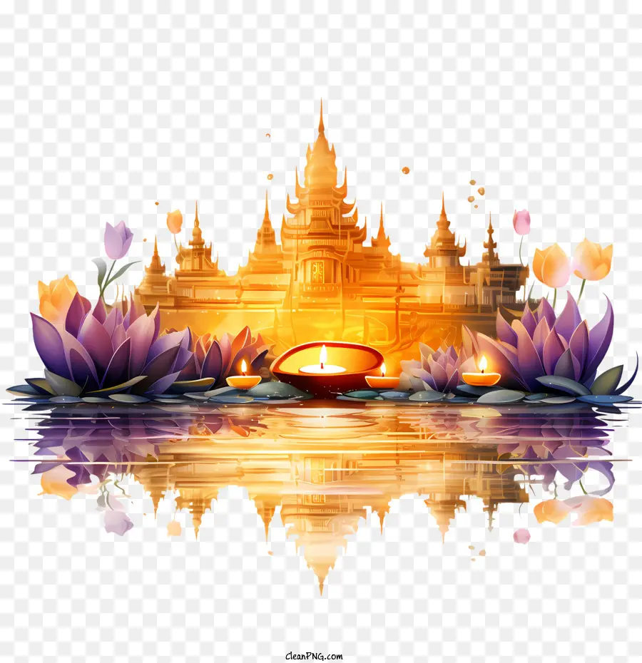 loy krathong
 loi krathong floating lotus flowers golden temple silhouette of a building