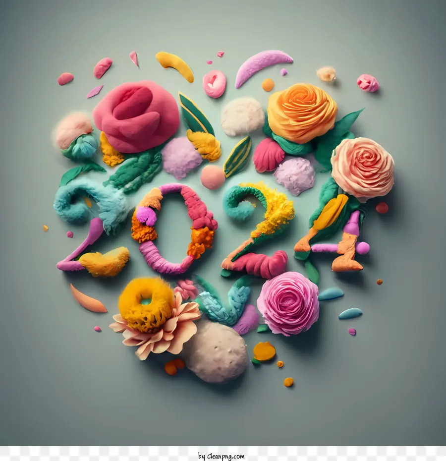 2024 Happy New Year Flowers colorato creativo artistico capriccioso - 