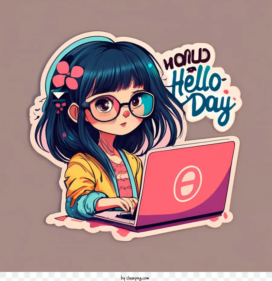 World Hello Day Girl Laptop Computer Illustration Illustration - 
