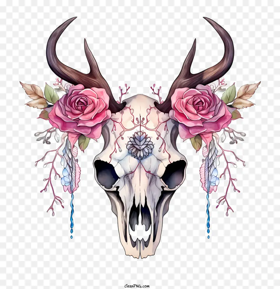 Skull cranio teschio cervo teschio corna di cervo fiori - 