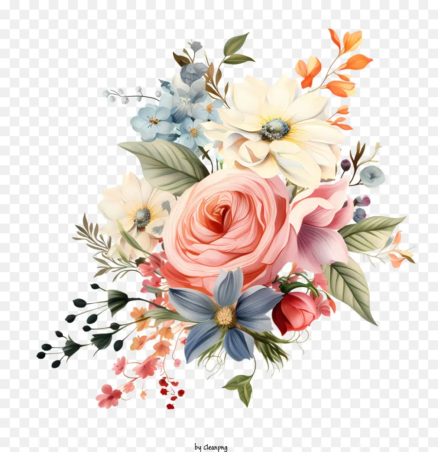 Hochzeit florale Einladung Design rosa Blumen Blaue Blumen grüne Blätter weiße Blütenblätter - 