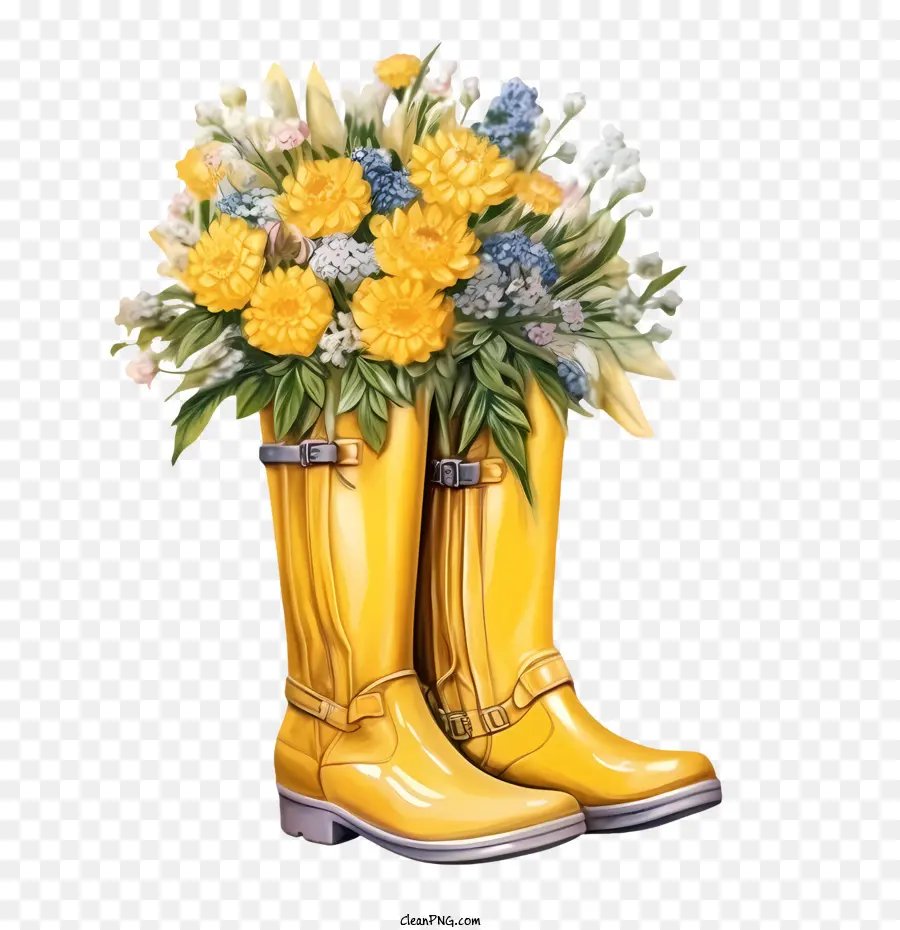 rubber boots yellow boots bouquet flowers waterproof