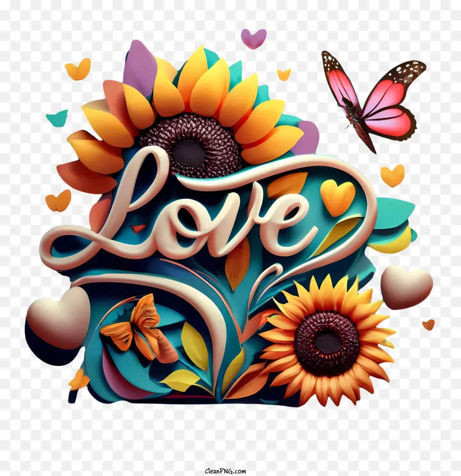 love word art sunflowers love hearts butterflies