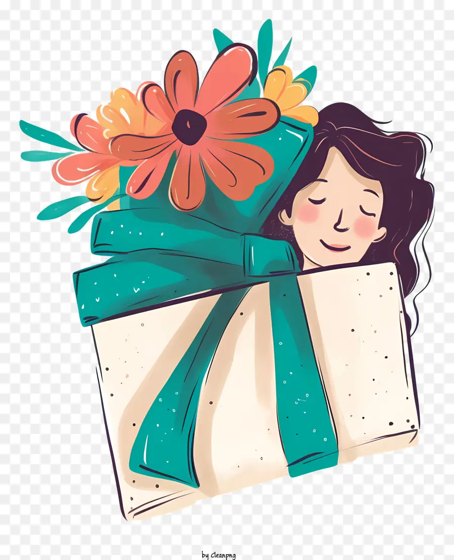 Geschenkbox - Frau mit großer Geschenkbox, grüner Band, glücklich und überrascht. 
Wird für Werbung und Design verwendet, ruft Glück und Überraschung hervor. 
Sauber und knusprig, minimalistisches Design