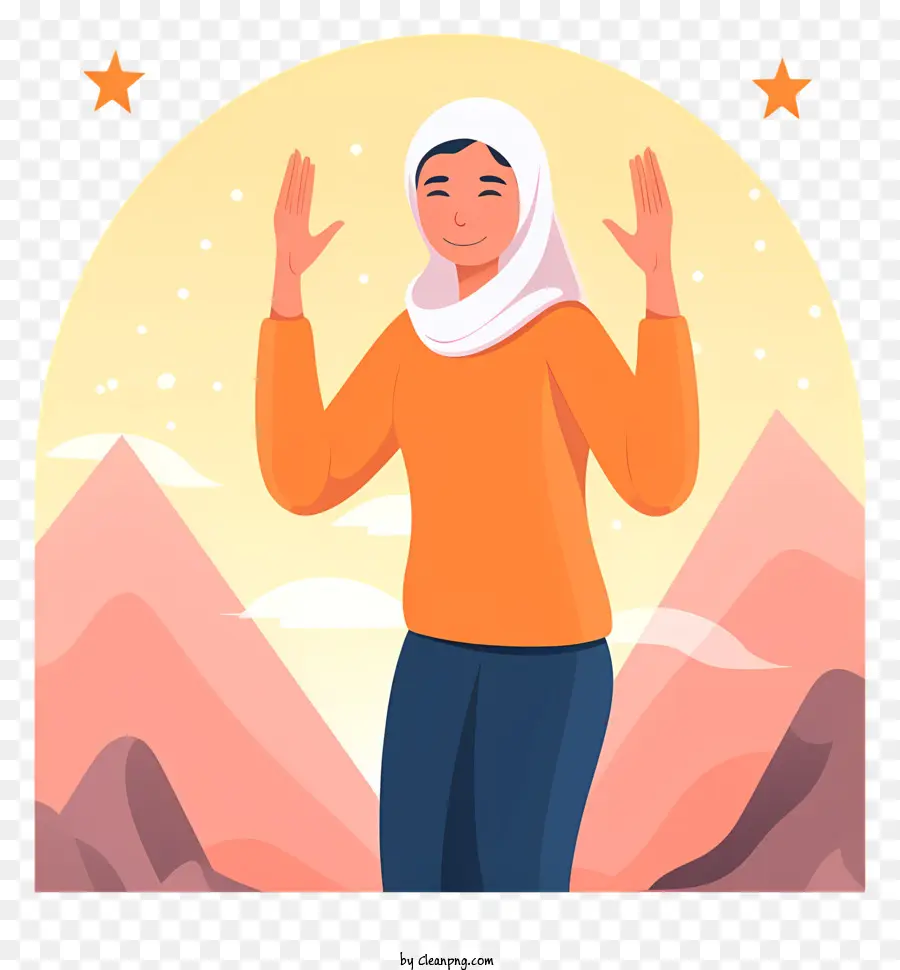 Cartoon -Illustration Landschaft mit Bergen Person mit weißem Kopftuch erheben die Hands malerische Aussicht - Cartoon -Person im Kopftuch hebt die Hände in der Landschaft. 
ungeeignetes Bild
