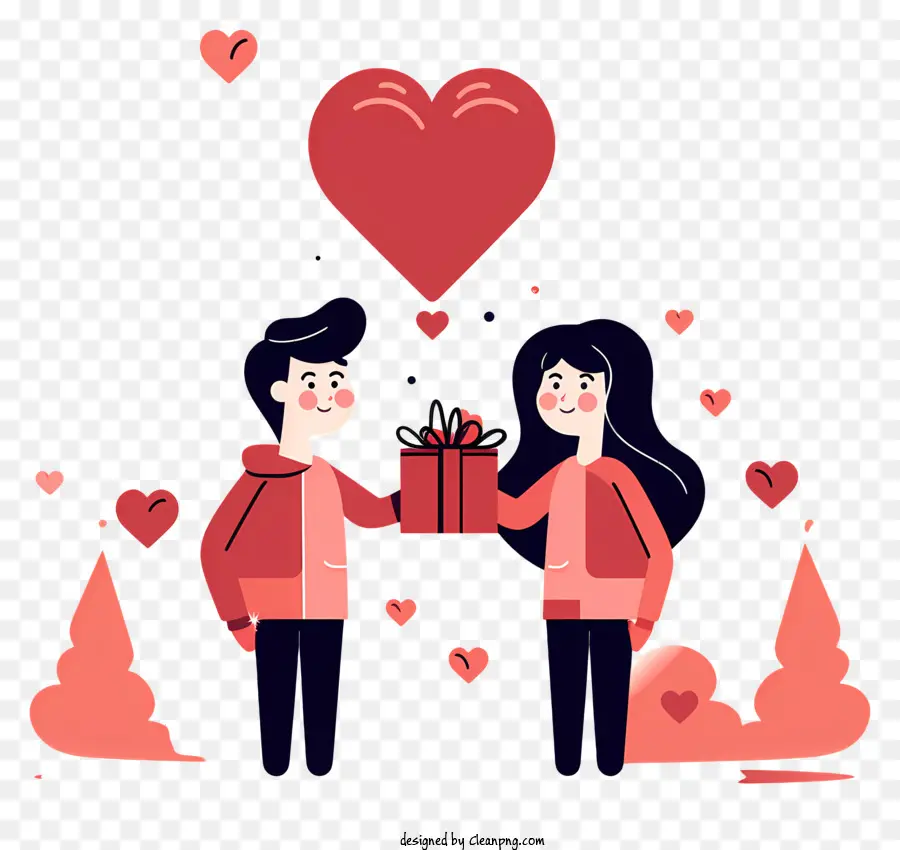 coppia che tiene per mano un grande cuore denso foresta fluttuante cuori piccoli - Coppia di cartoni animati nella foresta circondata da cuori evoca amore e felicità