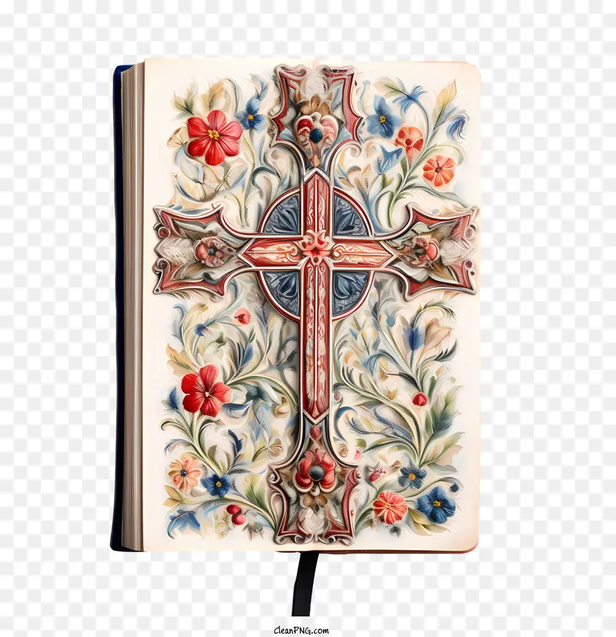 Bibel mit Kreuzkreuz religiöser verzierter Blumen - 