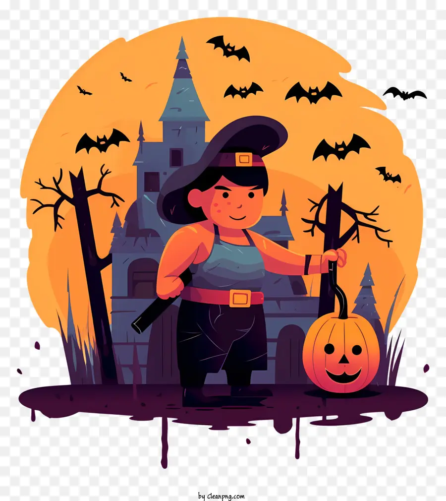 cartoon illustration boy holding pumpkin large castle orange sky bats flying