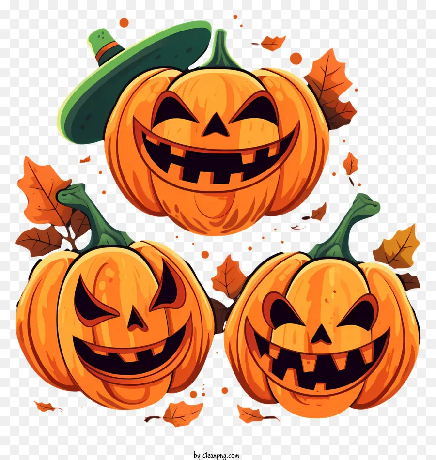 gefallene Blätter - Vier lächelnde Jack O'Lanterns auf Blättern und begrüßt Halloween