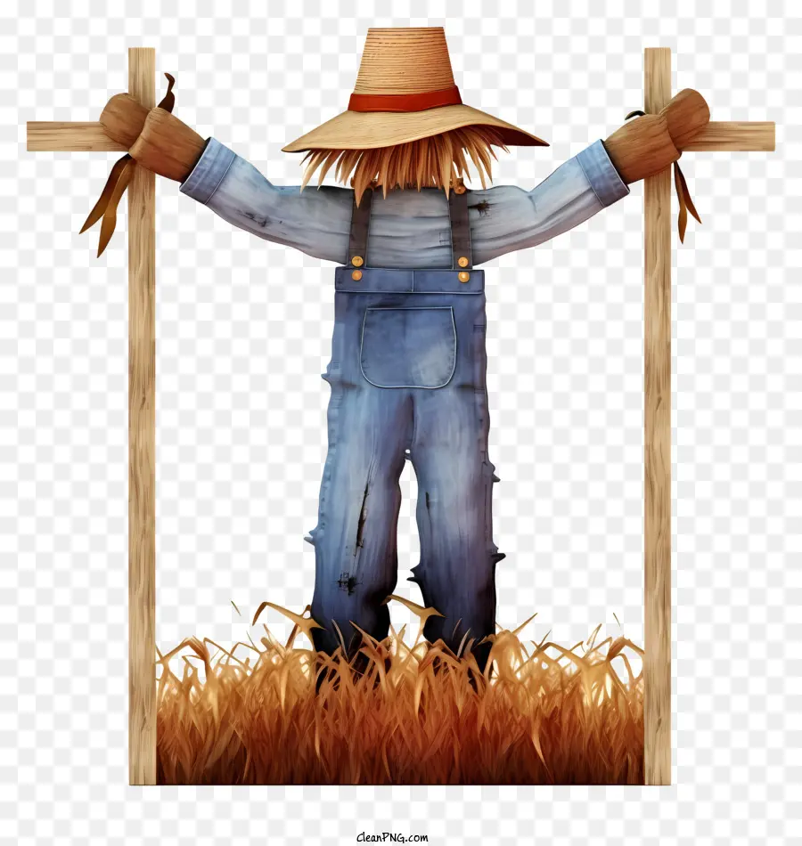 man in cornfield straw hat overalls blue and white striped shirt suspenders