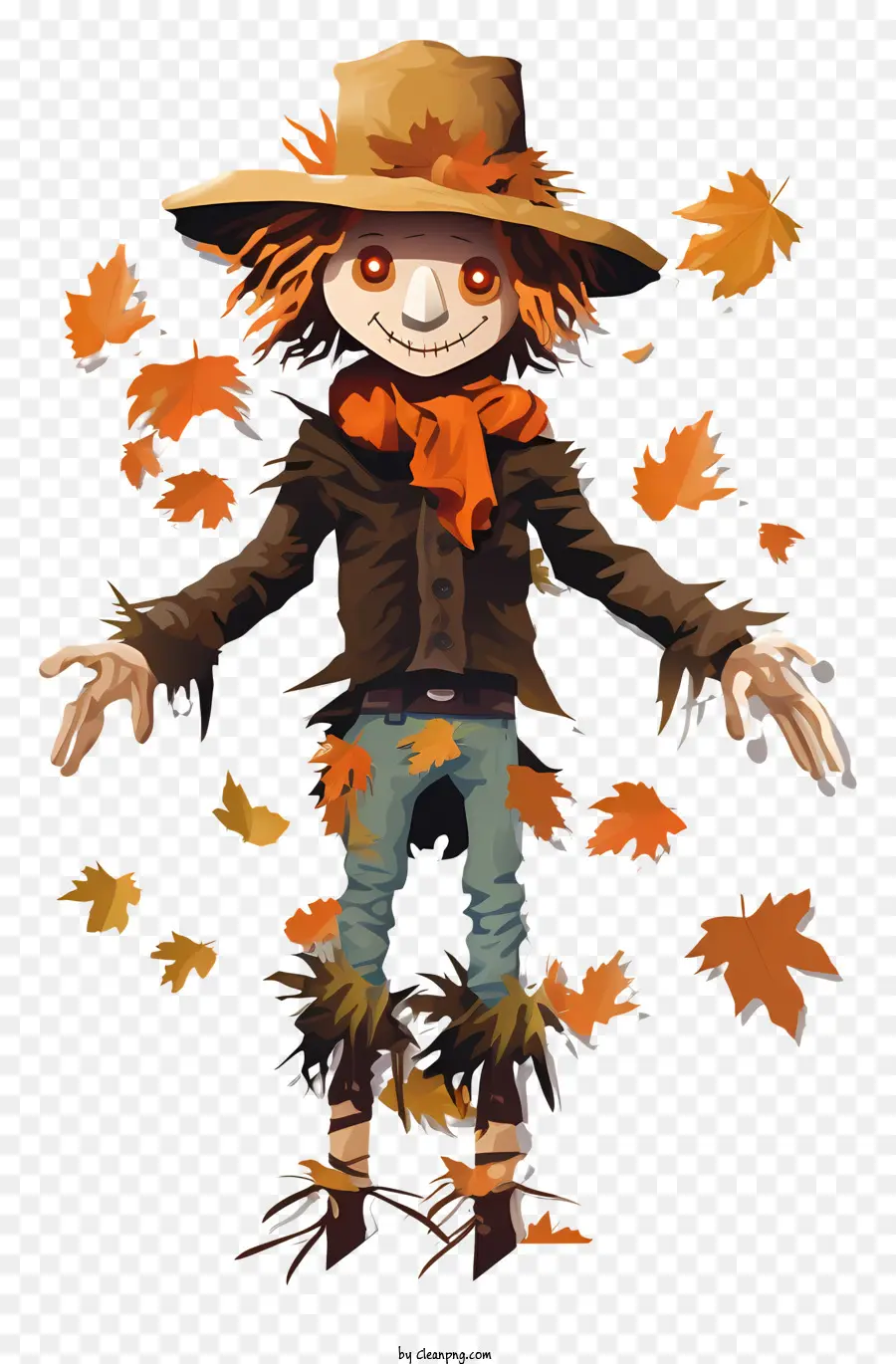 Fallende Blätter im Herbst - Cartoon -Charakter im Herbstfeld glücklich von fallenden Blättern umgeben