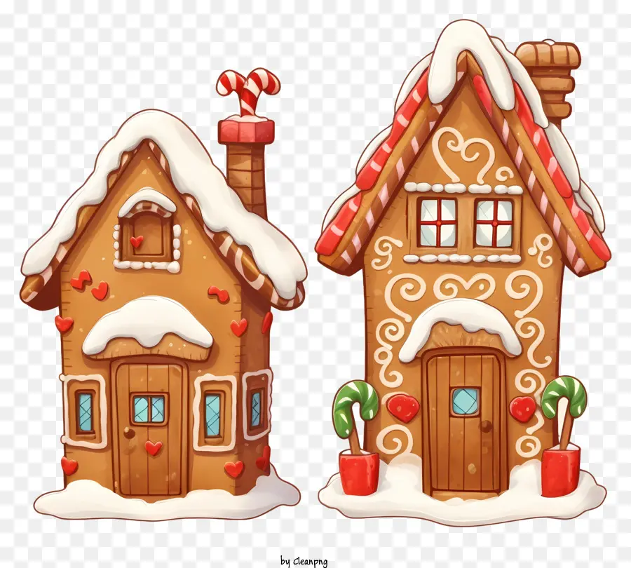 Lebkuchenhäuser Häuser Schokoladenhäuser schneebedeckte Dächer Süßigkeiten Cane Dekoration Schnee an Fenstern - Das Bild zeigt Schokoladenhäuser mit Lebkuchengeschmack und Schnee