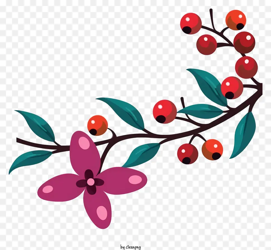 hoa hồng - Một nhánh có quả mọng đỏ, hoa màu hồng và lá xanh