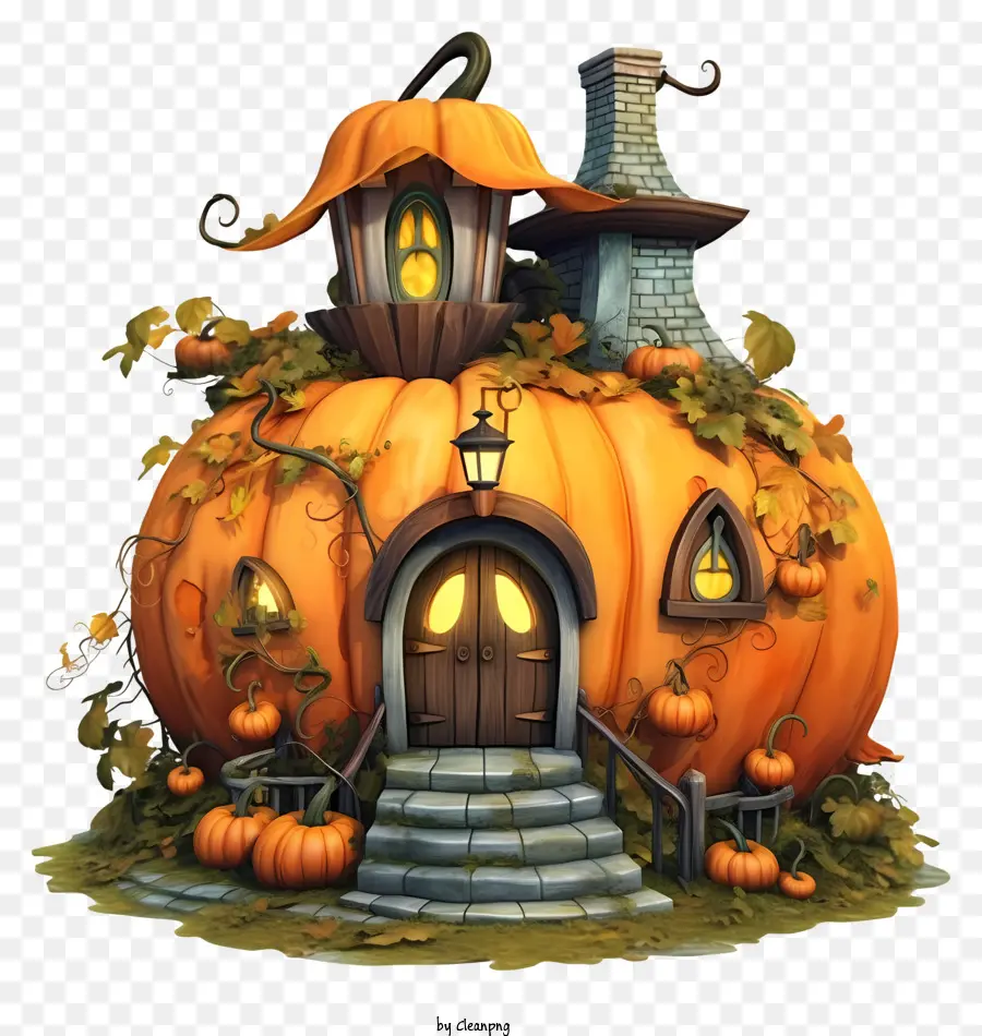 Cartoon Pumpkin House Decorazioni spettrali Patches di zucca Disegni intagliati ornati - Cartoon Pumpkin House con decorazioni spettrali