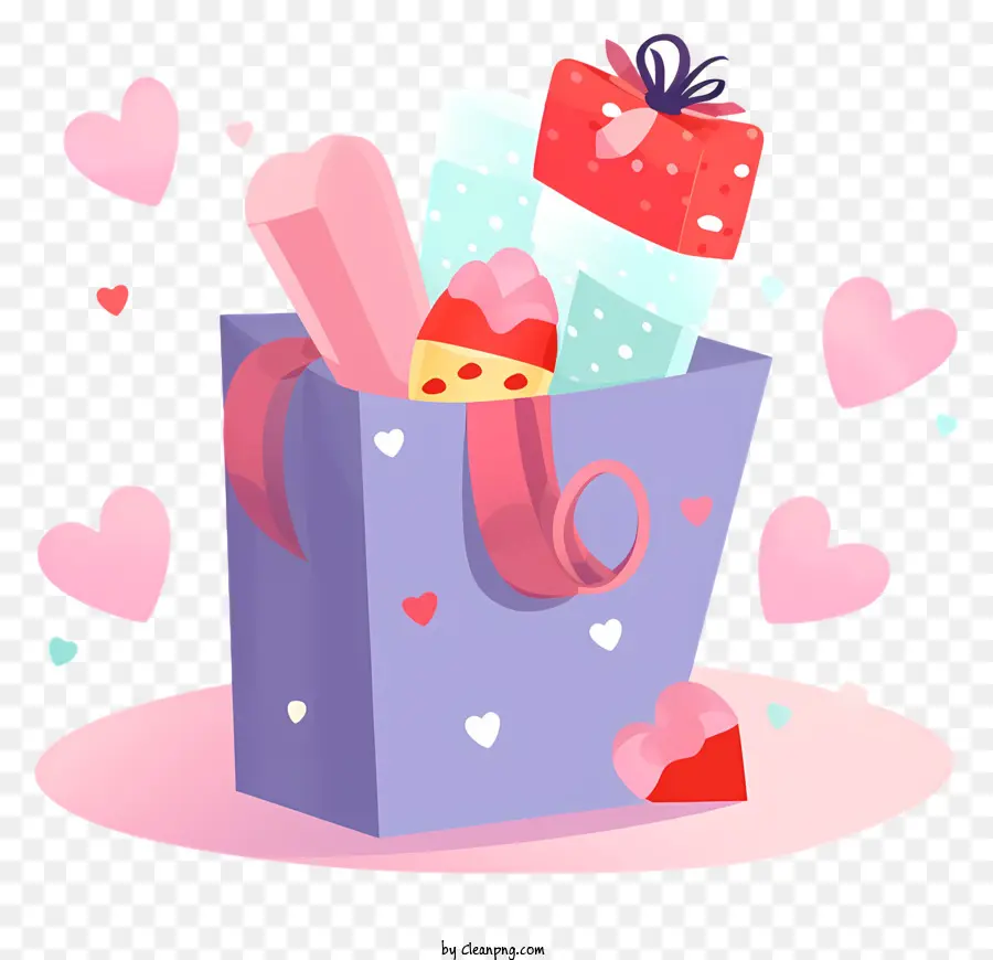 Ngày Valentine - Túi màu hồng chứa đầy những món quà hình trái tim được bao quanh bởi trái tim và những món ăn trên bàn với khăn trải bàn và hoa