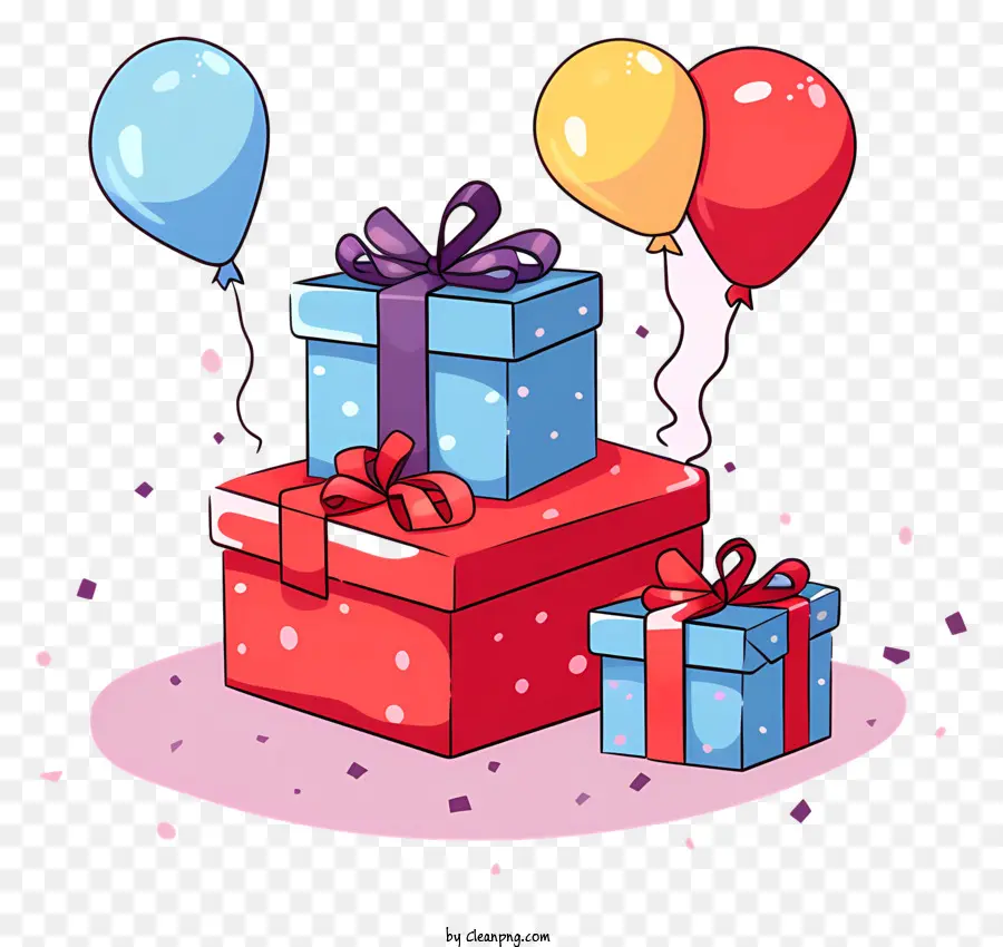 scatole regalo che avvolgono la celebrazione delle forniture per le decorazioni per feste in palloncino - Scatole regalo colorate impilate con decorazioni e un palloncino