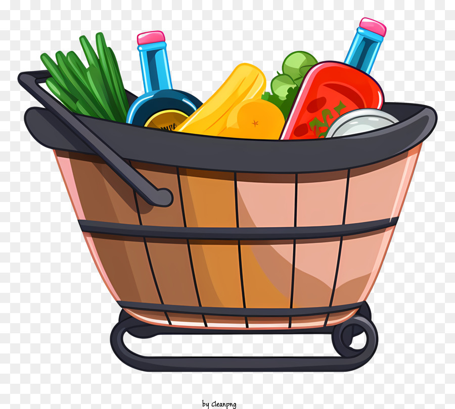Cart Obst Gemüse Lebensmittel Saucen - Wagen mit zufälliger Auswahl an Lebensmitteln auf schwarzem Hintergrund