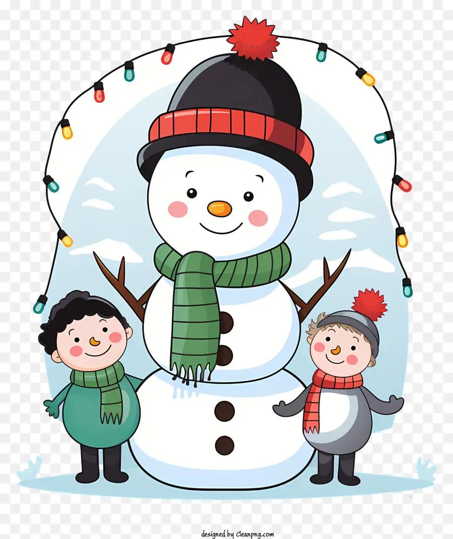 cappello di babbo natale - Bambini e pupazzo di neve che indossano abiti caldi, sorridendo