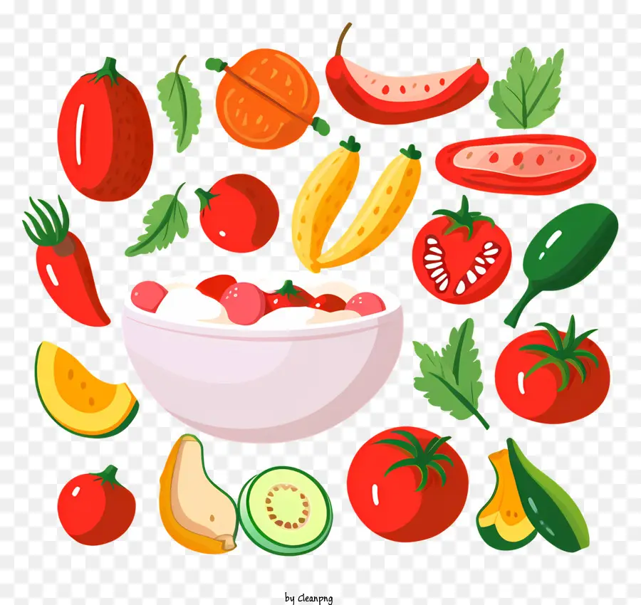 Schüssel mit Obst und Gemüse frische Produkte Tomaten Gurken Erdbeeren - Buntes Obst und Gemüse in einer weißen Schüssel