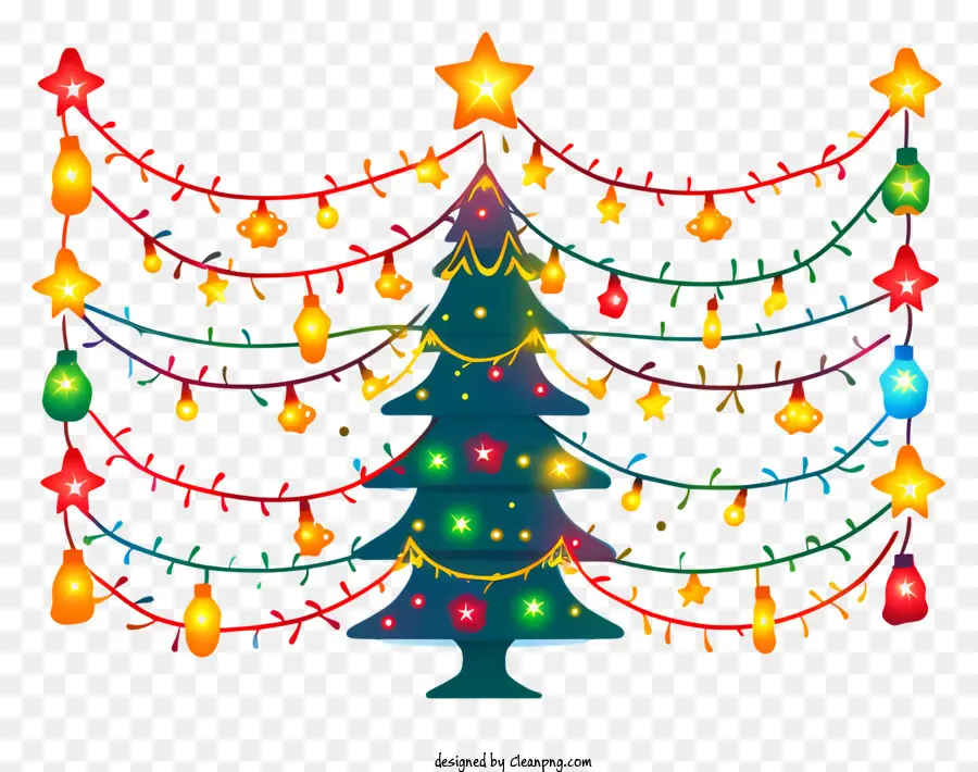 Christbaumschmuck - Buntes Weihnachtsbaum mit Lichtern, Ornamenten, Girlanden und Glocken
