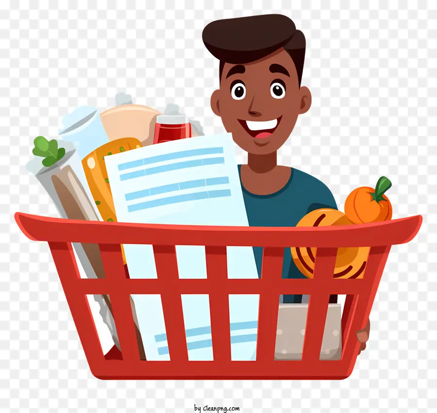 Einkaufskorbnahrungsmittel Getreide Süßigkeiten Obst - Mann lächelt Dokumente auf dem mit Essen gefüllten Einkaufskorb