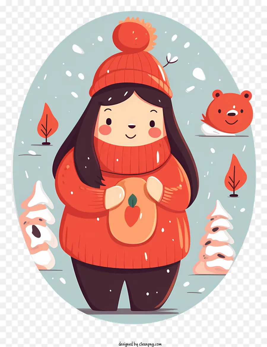 winter Landschaft - Frau im roten Pullover hält Kürbis, schneebedeckter Hintergrund