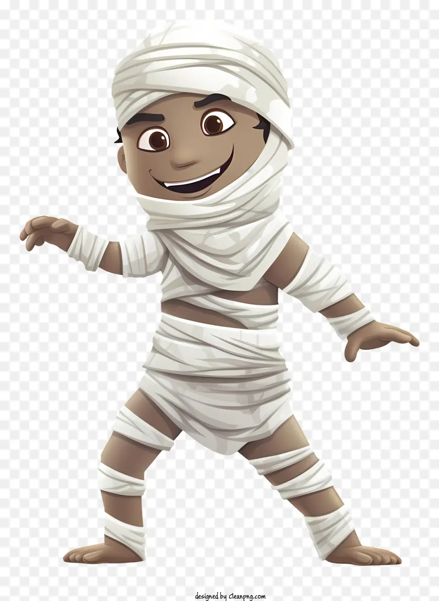 Cartoon Charakter Mumie Kostüm stehend auf einem Bein lächelnd schlanker Körper - Cartoon Mumie Charakter mit gestrecktem Körper und Lächeln
