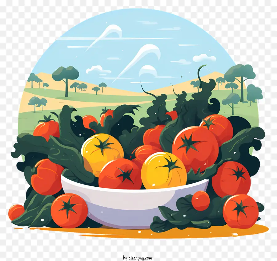 ciotola di pomodori rossi di pomodori bellissimi colline verdi da campo piccoli alberi - Immagine vibrante del cartone animato dei pomodori nella ciotola