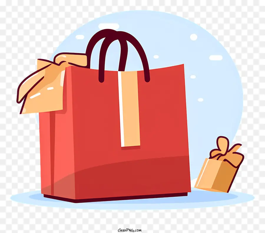 Weihnachtsgeschenke - Rote Einkaufstasche mit Bogen oben auf der eingewickelten Schachtel. 
Schneebedeckter Hintergrund