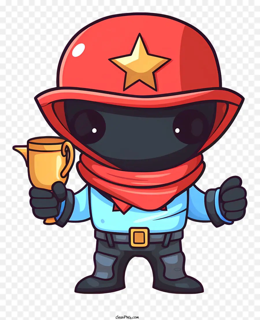 cartoon character golden trophy red hat red scarf black mask